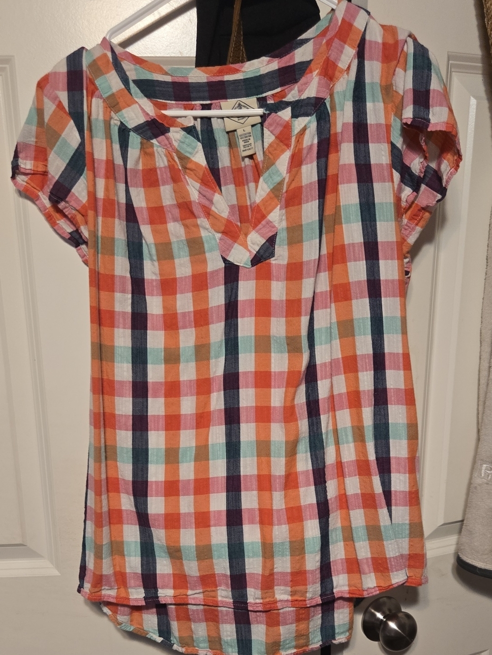 Plaid Short-Sleeve Peasant Top in Orange, Navy & Mint. NWOT